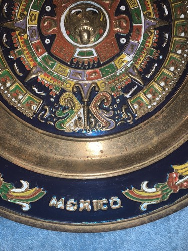 Mayan Brass Embossed Hand Painted Wall 8" Plate Calendar Mexico Aztec Maya - Picture 4 of 11