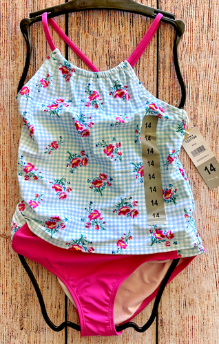 Girls Sz 14 Two Piece Tankini Swimsuit Wallflower Blue/Pink Floral and Check - Picture 1 of 2