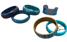 Blue Bangle Bracelet Lot Of 6 In Plastic Metal Lucite Teal Sky Blue