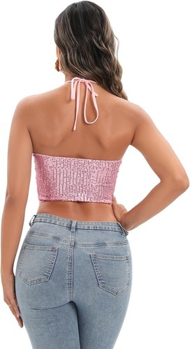 Women Shiny Sexy Metallic Glitter Sequin Festivals Party Rave Crop Tops - Picture 2 of 5