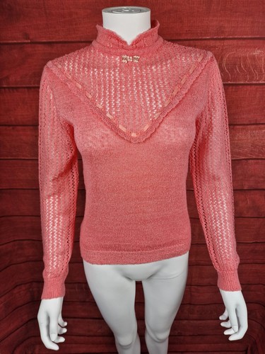 Vintage Tigi Wear High Neck Knit Crochet Jewelled Pearl Coral Sweater Size S/M