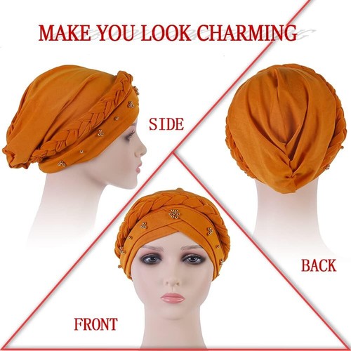African Women Turban Cap Twisted Beaded Braid Head Wraps Pre-Tied Yellow - Picture 5 of 8