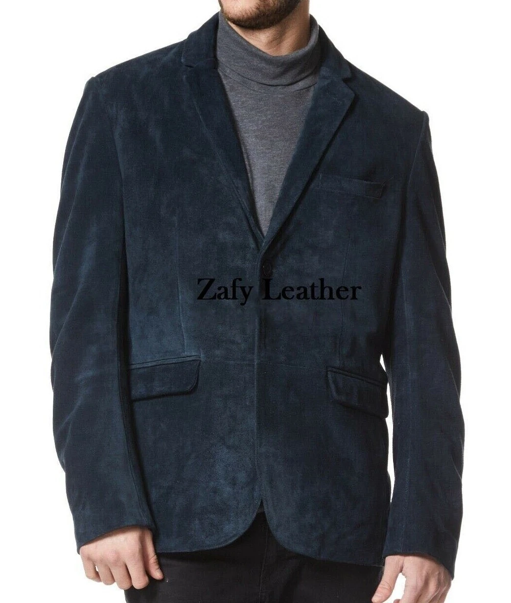 Men's Navy Blue Suede Leather Blazer Real Soft Lambskin Custom Made Coat Blazer