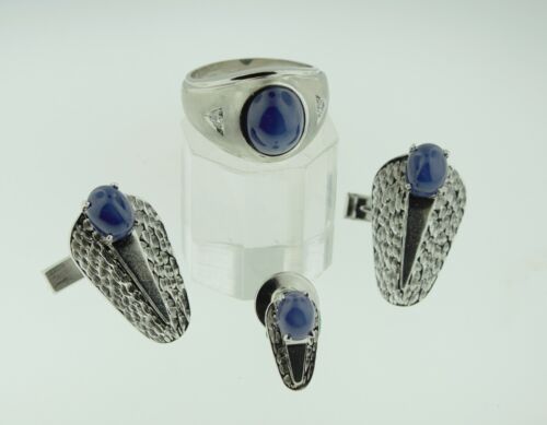 Vintage synthetischer Lindy Saphir, 14 Karat Weißgold Ring, Manschettenknöpfe und Krawattennadel - Bild 3 von 6