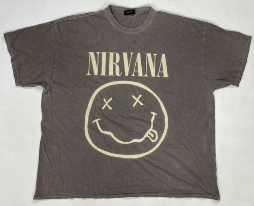 Nirvana Happy Face Grafik T-Shirt Herren XL Oversized Braun Kurzarm Musik
