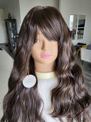 Curly Dark Brown SYNTHETIC Wigs With Bangs, MID-PART, Heat Resistance,  039 - Picture 3 of 10