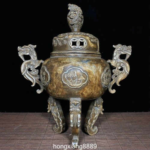 Encensoir brûleur dencens oiseau magasin grue dragon palais dynastie ancien argent Chine 10,4