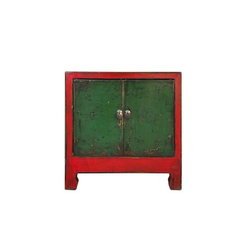 Vintage Distressed Chinese Red Rim Green Doors Side Table Cabinet ws4336 - Picture 1 of 5