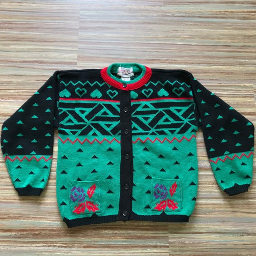Mercury Intl Children's 90s Knit Cardigan Sweater Vtg Hearts & Flowers Pattern M - Picture 1 of 3