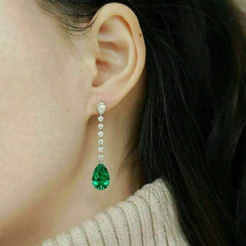 4.50Ct Pear Cut Lab Created Emerald Drop/Dangle Earrings 14K White Gold Finish - Picture 3 of 4