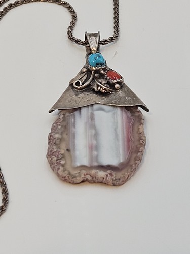 VTG Turquoise Coral Agate Set In Sterling Silver Native American Necklace Navajo - Picture 5 of 13
