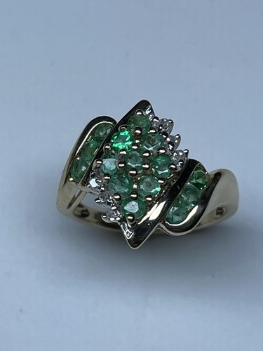 Signierter THL - 10k Gelbgold - Smaragd & Diamant Cluster Cocktail Ring, Größe 7 - Bild 1 von 11