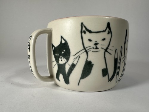 ANTHROPOLOGIE Tazza da tè caffè disegno persona gatto nero opaco bianco corallo interno - Foto 3 di 9