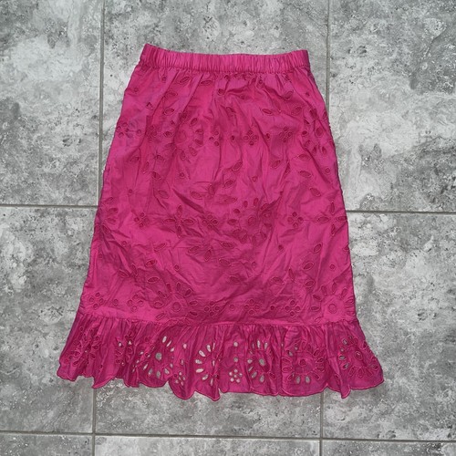 J Crew Pink Pull On Eyelet Ruffle A Line Asymmetric Midi Skirt Boho PS Petite S - Picture 5 of 8