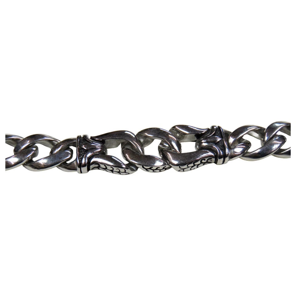 Pulseira masculina de aço inoxidável polida com elos de corrente e detalhes pretos - Imagem 2 de 4