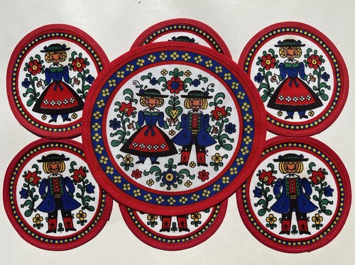 Conjunto de Posavasos Arte Popular Alemán Hombre Bávaro Mujer Flores Rojo Azul Blanco De Colección - Imagen 3 de 6