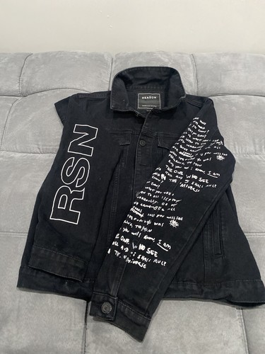 Reason Mulberry Moto Denim Jacket Large Black Skull - Picture 3 of 10