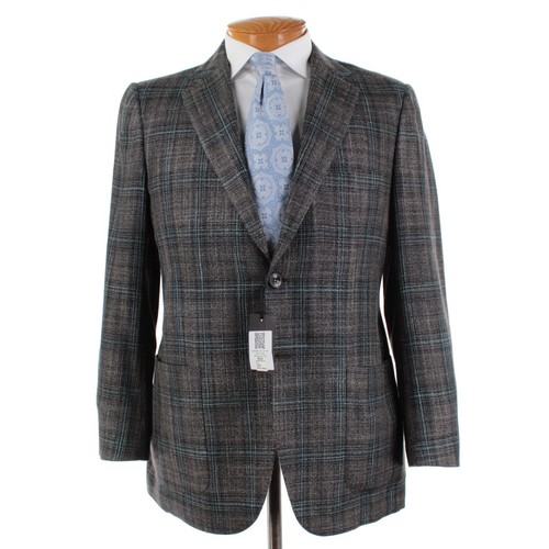 Kiton NWT Cashmere/Silk/Wool Sport Coat Size 51R (41R US) Charcoal & Teal Plaid