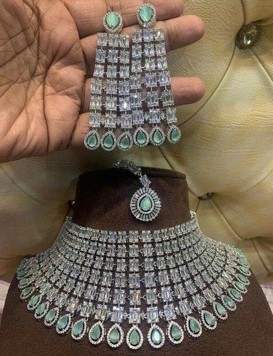 Bollywood Style 925 Silver Plated CZ Bridal Necklace Earrings Tikka Jewelry Set - Picture 5 of 6