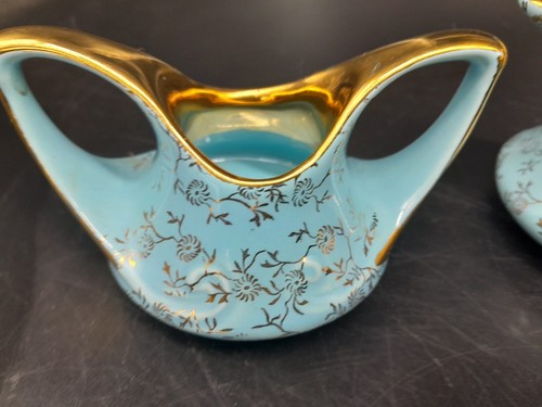 Vintage Pearl China Co Blue Creamer & Sugar Bowl Set With 22K Gold Trim - Picture 4 of 7