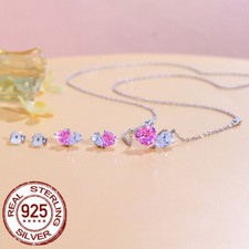925 Sterling Silver Pink Heart CZ Zirconia Pendant Necklace Earrings Jewelry Set