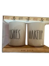 RAE DUNN Glass Makeup Brush Cup Gift SET 2-pc White cups Black Letters NEW
