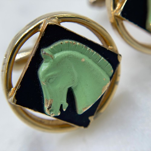 Vintage Men Gold Black Green 3D Horse Head Equestrian Cufflinks + Tie Clasp Clip - Picture 7 of 9