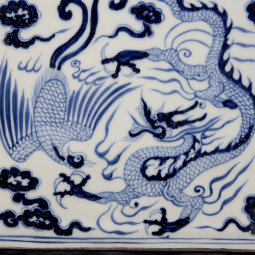 9.2"Chinese antique Yuan Dynasty blue and white dragon and phoenix flat vase - Picture 5 of 9