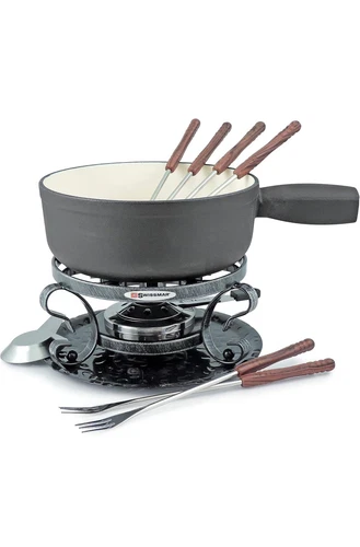 Swissmar Lugano 9-Piece Cast Iron Cheese Chocolote Fondue Set Matte Black2Qt/2L 