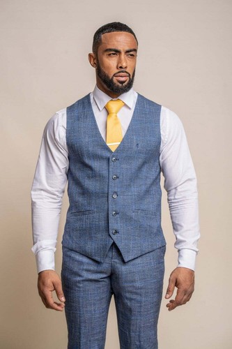 Men's Cavani Blue Tweed Check Smart Wedding 3 Piece Suit Slim Fit - Picture 3 of 8