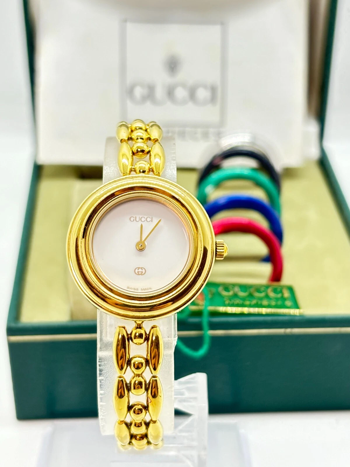 [Exc+5 avec boite] Montre GUCCI lunette changeante 11/12 quartz doré blanc occasion fonctionne