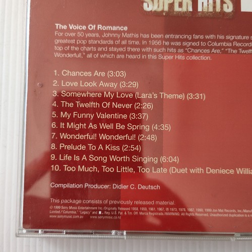 Johnny Mathis Super Hits CD 1999 Sony Music 10 Tracks Romance ! VGC Fast Post π₯ - Picture 6 of 6