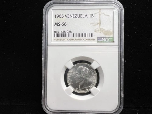 1965 Venezuela National Arms - Un Bolivar 1 Bolivar - NGC MS 66 Silver Coin