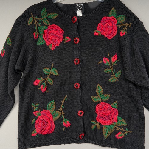 Jacque & KoKo Sweater Cardigan Womens 14 16 Black Ramie Cotton Red Roses Vintage - Picture 2 of 9