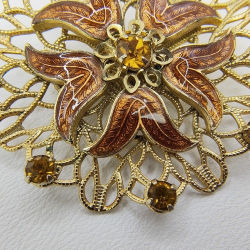 Broche Flor Filigrana MCM Vintage Tono Dorado Color Ámbar Esmalte y Estrás - Imagen 6 de 14