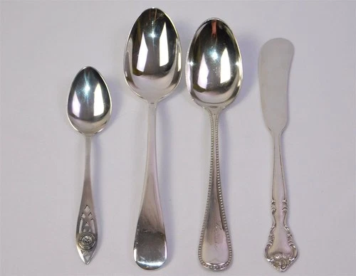 4 Antique To Vtg Sterling Silver Teaspoons Demitasse Spoon Butter Spreader 93.2g