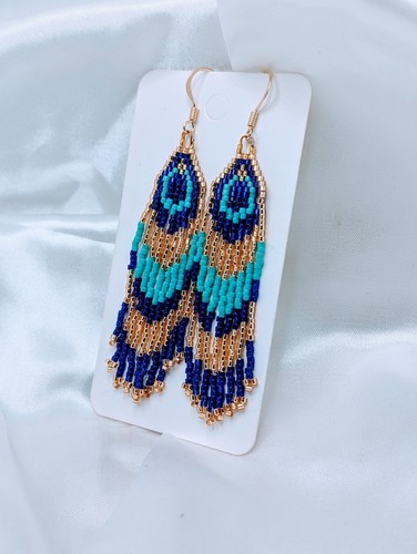 Peacock feather Beaded Fringe Earrings Handmade Gold Turquoise Gold Filled Hooks - Picture 2 of 3