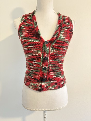 Women’s Handmade Red Green Striped Knitted Vest Christmas Holiday Size Small - Picture 1 of 5