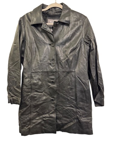 Cappotto vintage Wilsons pelle donna nero pelle taglia L isolato bottoni davanti - Foto 1 di 11