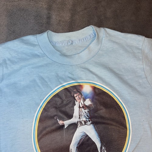Vintage 1977 Elvis Presley The King Lives On T-Shirt Blue Single Stitch Baby T X - Picture 3 of 6