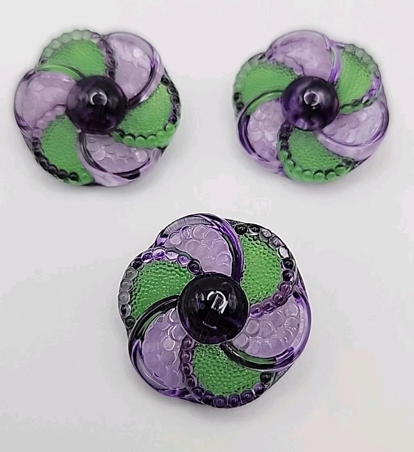Vintage Czech Flower Molded Glass Purple Green Victorian Hand Painted Textured  - Image 2 of 4