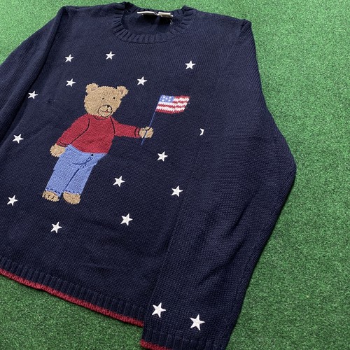 Vintage Strick Pullover Herren L Blau 90S Y2K Bär Amerikanische Flagge Muster Sweatshirt - Bild 2 von 8