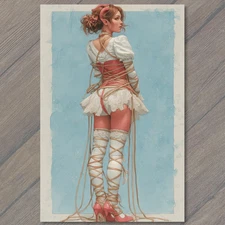 POSTCARD Red Skinned Girl Tied Rope White Lace Lingerie Blue Background Heels