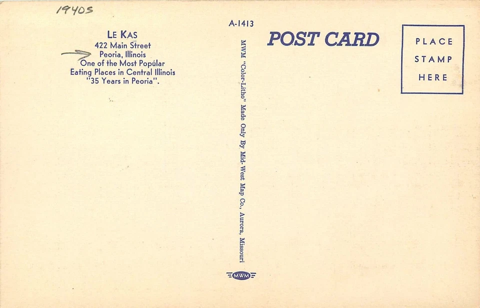 1940s Peoria Illinois Le Kas restaurant interior occupation Postcard 25-10448 - Image 2 of 2