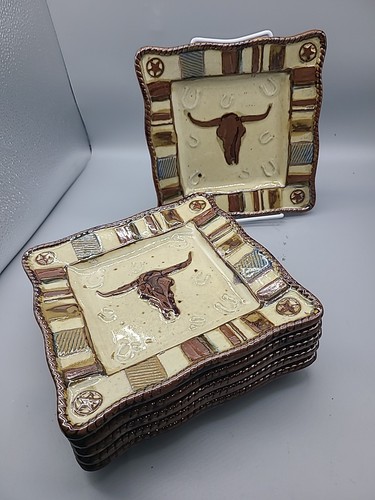 Canyon Ranch Set (6) Collection 8" Square Plates Western Cowboy Longhorn Neu