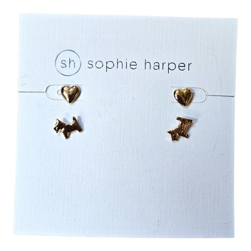 New Sophie Harper 4 Pair Pierced Stud Earrings Dog Bow Crown Heart Goldtone  - Picture 3 of 6
