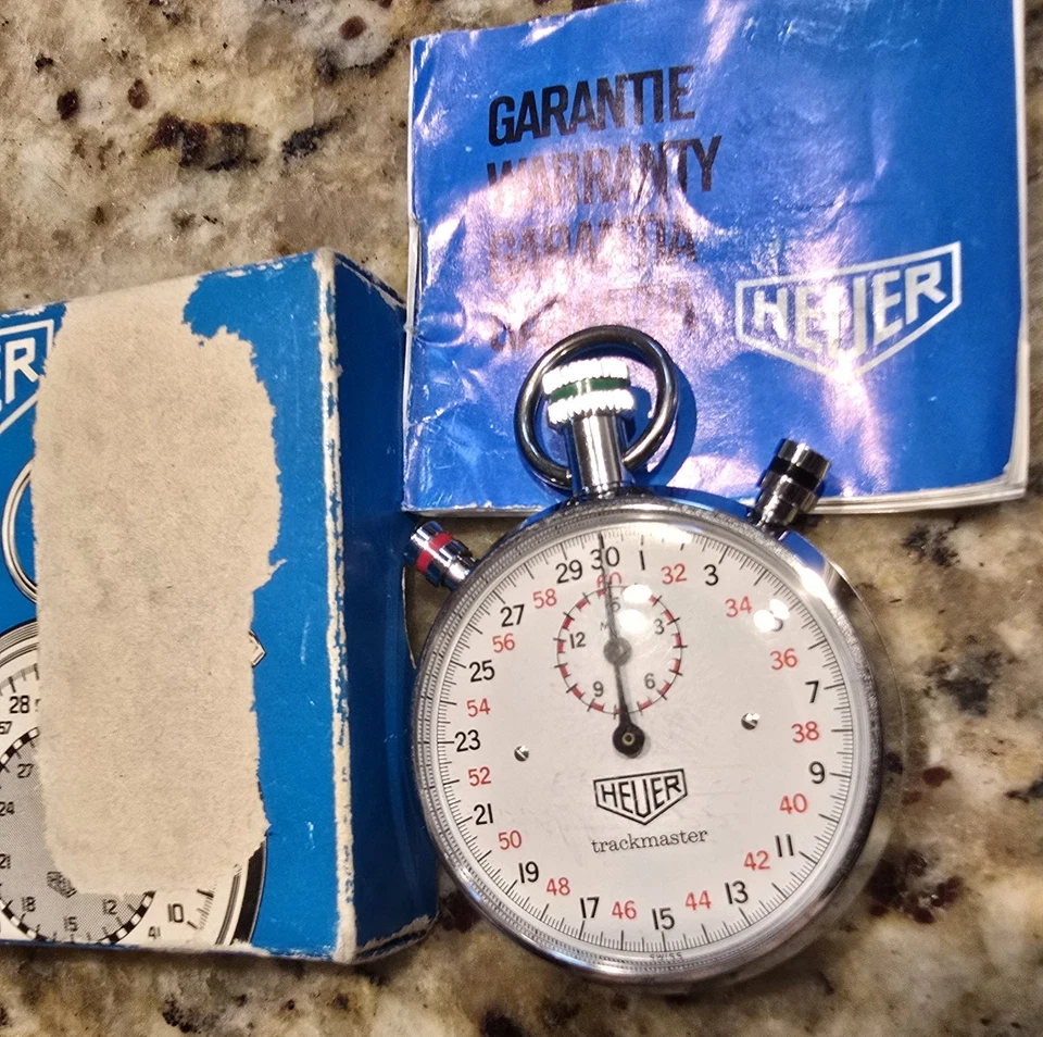 Cronómetro Heuer Trackmaster 3" 3 botones vintage funciona, caja, manual de instrucciones Foto 2 de 4