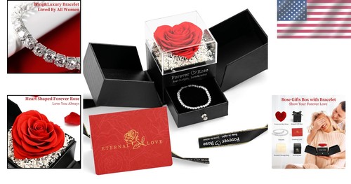 Forever Roses in Heart Box with Bracelet - Unique Gifts for Mom and Girlfriend - Picture 2 of 9