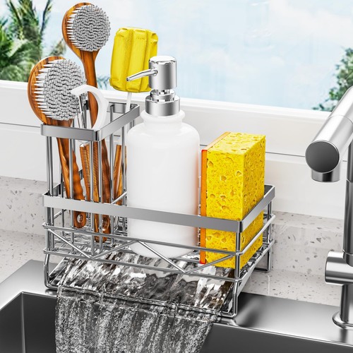 Sink Caddy Sponge Holder for Kitchen Sink with Brush Holder and Stainless Ste...