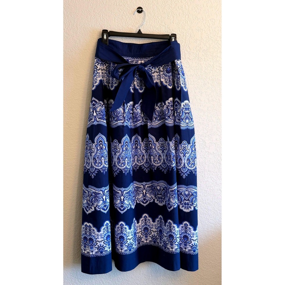 Talbots Blue White Paisley Damask Cotton Pleated Maxi Skirt with Tie Belt 16